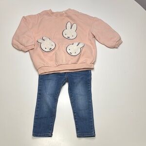 H&M Pink Bunny Sweatshirt and Blue Jeans Set